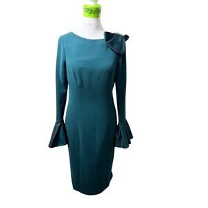 $560 Teri Jon by Rickie Freeman Womens Green Bell-Sleeve Crepe Sheath Dress Sz 2